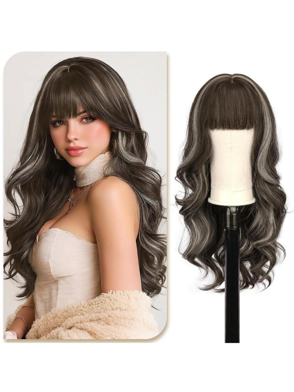 24 Inch Women's Dark Brown with White Highlights Natural Looking Synthetic Wigs